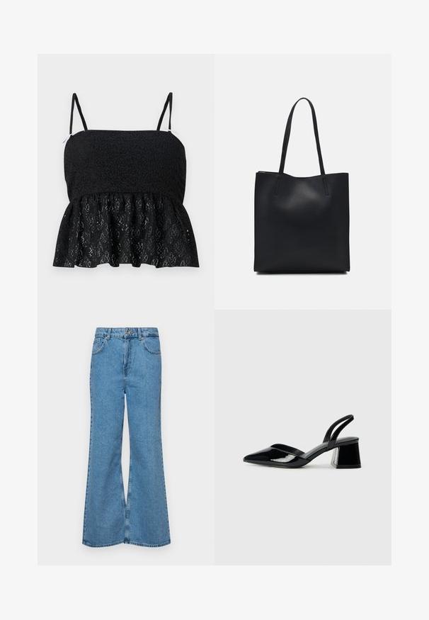 Czarny koronkowy top peplum z cienkimi, regulowanymi ramiączkami, zdobiony teksturowanym kwiatowym wzorem i rozszerzanym dołem. Gładka podszewka widoczna pod spodem.; Jasnoniebieskie dzwony z denimu, z wysokim stanem, pięcioma kieszeniami i zapięciem na jeden guzik. Miękka tekstura z wyblakłym wykończeniem.; Czarne lakierowane półbuty na obcasie z wydłużonym noskiem i geometrycznym słupkiem. Charakteryzują się eleganckim, minimalistycznym designem oraz gładką fakturą.; Czarna skórzana torba tote o gładkiej fakturze, prostokątnym kształcie i dwóch długich uchwytach. Brak widocznych elementów metalowych i ozdób.