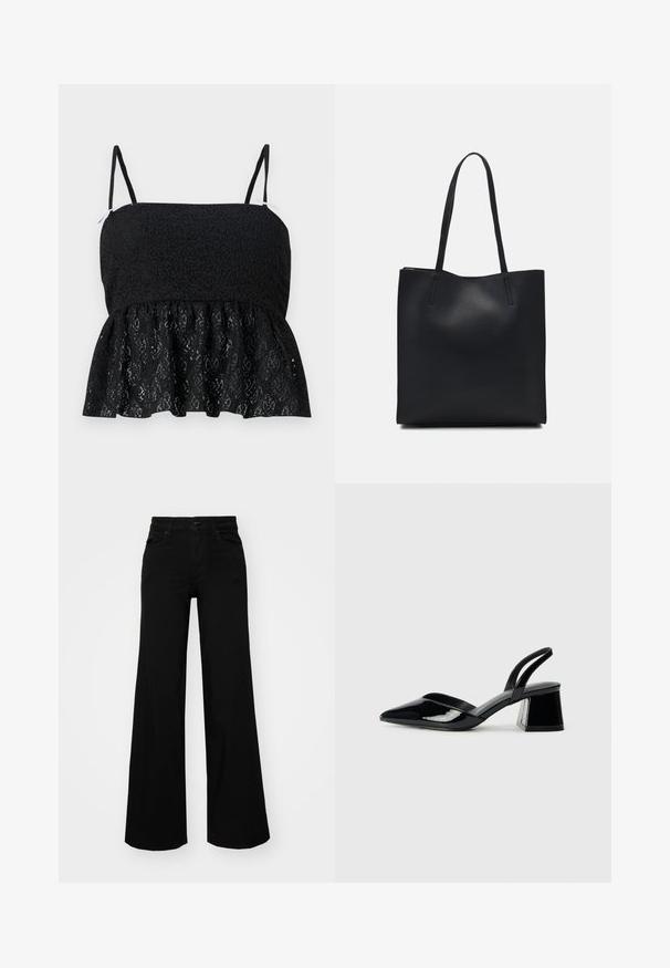 Melna mežģīņu pepluma blūze ar plānām regulējamām siksnām, kurai ir teksturēts ziedu raksts un izplūstošs apakšmalas dizains. Zem blūzes redzama gluda oderējuma kārta.; Melni plaša kāju bikses, izgatavotas no džinsa, ar strukturētu jostu, jostu cilpiņām un priekšējām kabatām. Gluda tekstūra ar klasisku dizainu.; Melna lakota āda ar atvērto papēdi, ar smailu purngalu un ģeometrisku blokpapēdi. Iezīmējas elegants, minimāls dizains un gluda tekstūra.; Melnas ādas somiņa ar gludu tekstūru, taisnstūra formu un divām garām rokturiem. Nav redzamu aparatūras vai rotājumu.