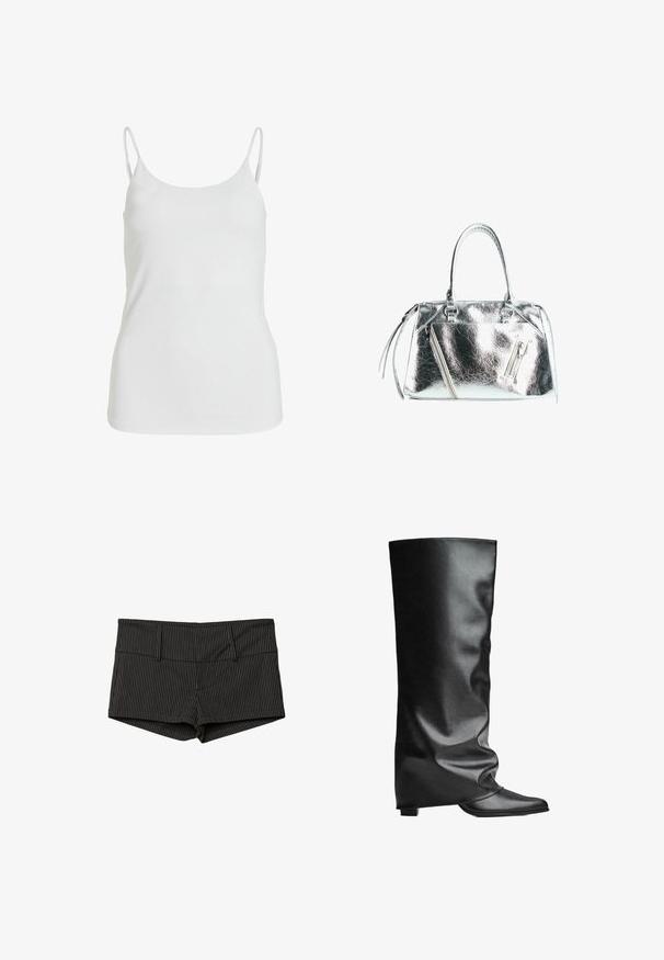 Top in camicia bianco realizzato in un tessuto morbido, caratterizzato da sottili spalline a spaghetti e un design semplice e privo di decorazioni.; Body in pizzo bianco con maniche lunghe, caratterizzato da un motivo tessuto e un design della schiena bassa, che si stringe in un'apertura a gamba alta.; Pantaloni corti a righe nere e grigie con un design aderente, dotati di una vita piatta, due tasche anteriori e un orlo che termina a metà coscia.; Stivali neri in pelle fino al ginocchio con una texture liscia, design morbido, punta affusolata e tacco quadrato basso. Stile minimalista senza hardware visibile.; Borsa a mano in argento metallico con forma strutturata, due manici superiori e tasche con zip sul davanti. Texture liscia e lucida.