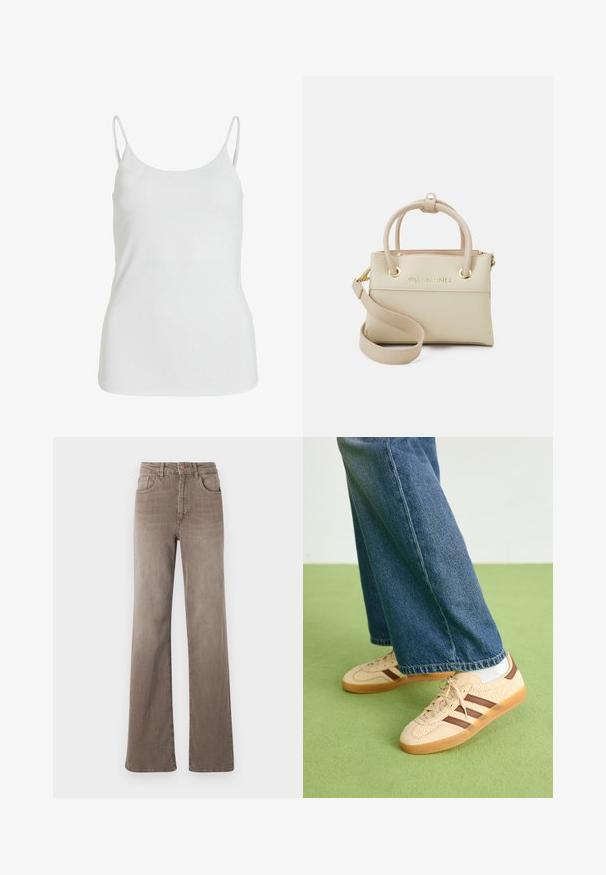 Balts kamzolīns, izgatavots no gludas auduma, ar plānām spageti jostām un vienkāršu, neizpušķotu dizainu.; Brūnas augsta vidukļa taisnas kājas džinsi ar priekšējo pogu, jostu cilpiņām un klasisko piecu kabatu dizainu uz baltas fona.; Beidzīgi krēmbalti sporta apavi ar tekstūru un brūnā svītra, apvienoti ar zilu džinsu biksēm. Džinsus raksturo plata kāja un saplēsts apakšmalas dizains.; Bēša ādas rokassoma ar augšējiem rokturiem, regulējamu siksnu, logo detaļu un zeltainiem aksesuāriem. Gluda tekstūra un strukturēta forma.