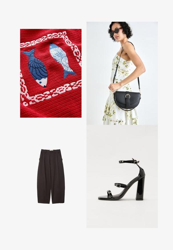 Rød tekstureret stof med to broderede fisk; den ene mørkeblå med skæl og den anden lyseblå med et stribet mønster, omgivet af et hvidt kædemønster.; Sorte brede bukser lavet af et glat stof, med høj talje, forfaldne folder og sidelommer. Simpelt design uden udsmykninger.; Sorte patenterede hælsandaler med firkantet tå, ankelremme og sølvspænder. Har en chunky blokHæl for stabilitet.; Sort læderhåndtaske med en buet form, aftagelig rem og guldfinish. Tasken har en klap med en spænde detalje.