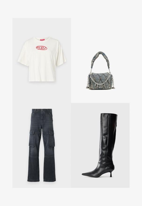 Bijela skraćena majica s kratkim rukavima izrađena od pamuka, s okruglim izrezom. Crveni izvezeni logo smješten u središtu prsnog dijela.; Tamno sivi cargo hlače od denima, s dva bočna džepa i širokim krojem. Šivani detalji duž šavova i rubova.; Crna kožna čizma do koljena s oštrim vrhom i uskim zakrivljenim petama. Glatka tekstura, prilagođeni dizajn i bez vidljivih dodataka ili uzoraka.; Torba od traperice s kvadratnim uzorkom, plave boje, kratkog pletenog ručka i srebrne lančane narukvice s metalnim natpisom branda.