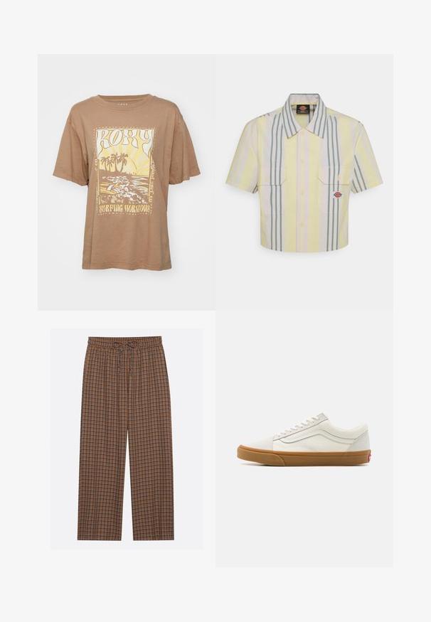 Brown cotton t-shirt with short sleeves, featuring a graphic print of palm trees and waves in yellow and white. Text reads "Roxy Surfing Horizons."; Cropped short-sleeve shirt in light yellow with vertical green and pastel stripes. Features two chest pockets and a logo patch on the left pocket.; Brown checkered pants with elastic waistband and drawstring. The pattern features blue and dark brown squares, lightweight fabric, wide-leg design.; White canvas low-top sneakers with a gum rubber sole, round toe, lace-up closure, and side leather stripe detail.