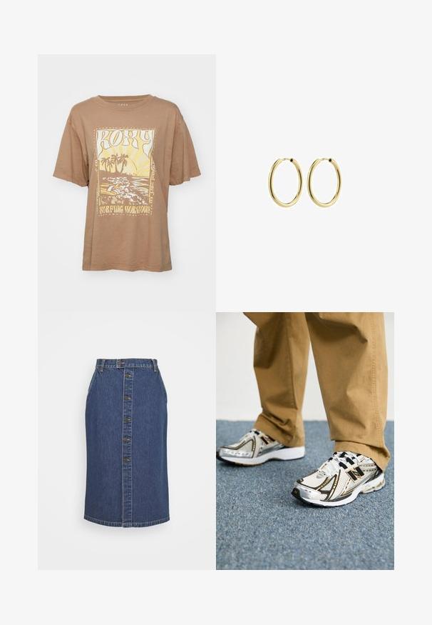 Brun bomulds t-shirt med korte ærmer, der har et grafisk tryk af palmer og bølger i gul og hvid. Teksten lyder "Roxy Surfing Horizons."; Denim blyantskirt i mørkeblå, med frontlukning med knapper, lodrette sømdetaljer og en klassisk kant.; Hvide og sølv New Balance sneakers med sorte accenter og snørebånd, der har en mesh-overdel, polstret sål og dynamisk design.; Guld metal hoop øreringe med en glat overflade, cirkulær form og en sikker lås. Poleret overflade uden synlige mønstre eller detaljer.