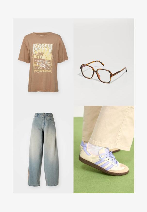 Ruskea puuvillainen t-paita lyhyillä hihoilla, jossa on keltainen ja valkoinen graafinen printti palmupuista ja aalloista. Teksti lukee "Roxy Surfing Horizons."; Vaaleansiniset farkut, leveät lahkeet ja haalistunut pinta. Edessä on taskut, nappikiinnitys ja vyötäröllä hienovarainen logo.; Kermasilta ja laventelilta näyttävät lenkkarit kolmella raidalla ja teksturoidulla ruskealla pohjalla, varustettuna nauhoilla ja pehmustetulla kantapäällä. Pehmeä kangaspinta.; Uudet kilpikonnakuosiset silmälasit, joissa on neliömäinen kehys, kirkkaat linssit ja teksturoitu pinta. Sangoissa on ohut, virtaviivainen muotoilu.