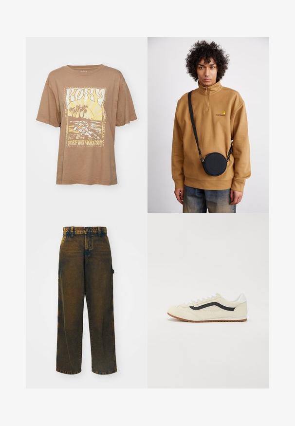 Brun bomull t-skjorte med korte ermer, med trykk av palmer og bølger i gult og hvitt. Teksten sier "Roxy Surfing Horizons."; Videbukser laget av denim, med en falmet mørkebrun farge og lysere detaljer, klassisk fem-lommers design og knappelukking.; Suedesneakers i kremfarge med en svart side stripe, hvite snørebånd og en såle i gummigummi. Bakdelen har en hvit aksent.; Brun kvart-zip fleece genser med brodert logo, med en svart rund crossbody bag med glidelås og logodetalj, båret over denim.