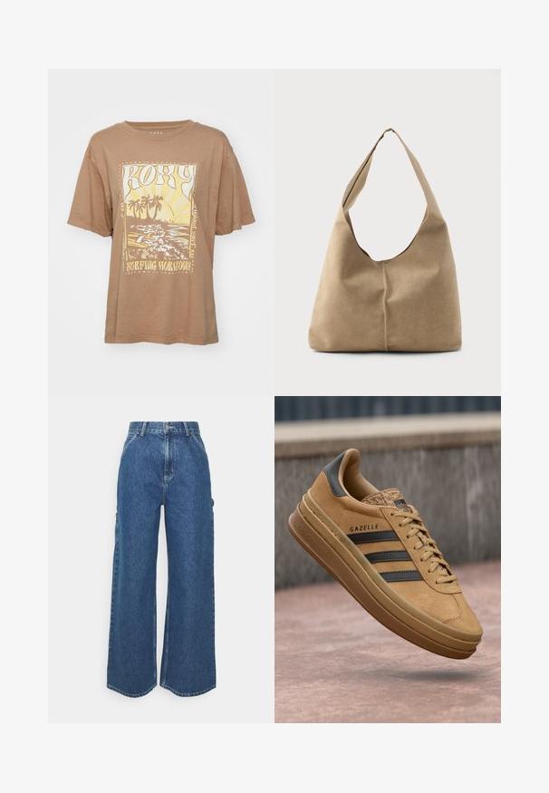 Pruun puuvillane t-särk lühikeste varrukatega, millel on kollaste ja valgete palmipuude ja lainete graafiline trükk. Tekst: "Roxy Surfing Horizons."; Laiene jalad sinised denim püksid kõrge vöökohaga, kontrastsete õmblustega ja küljetaskutega, klassikalise viie taskuga disainiga ja toore servaga.; Kreemjad nubukist tossud, millel on sile tekstuur, kolm tumedat triipu, ümmargune varvas ja paksem tald, millel on mustriline serv.; Hobo kott pehmeast beezist nahast, laia õlavarrega ja lõtva kujuga, ees käsitsi õmmeldud õmbluse detailiga.