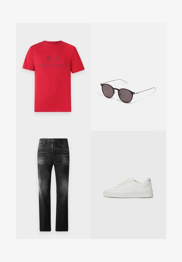 Camiseta de algodón roja con mangas cortas. Presenta un logo azul "A|X ARMANI EXCHANGE" impreso en la parte delantera. Diseño clásico de cuello redondo.; Jeans de mezclilla negra con un corte recto. Presentan áreas desgastadas, un ligero desgasto, diseño clásico de cinco bolsillos y cierre de botón.; Zapatilla de cuero blanca con un acabado suave, puntera redonda, cordones planos y suela texturizada. Cuenta con un sutil logo en el talón.; Gafas de sol redondas negras con lentes oscuros y brazos metálicos delgados. Incluye puntas de varilla transparentes y acentos plateados en la bisagra. Diseño minimalista.