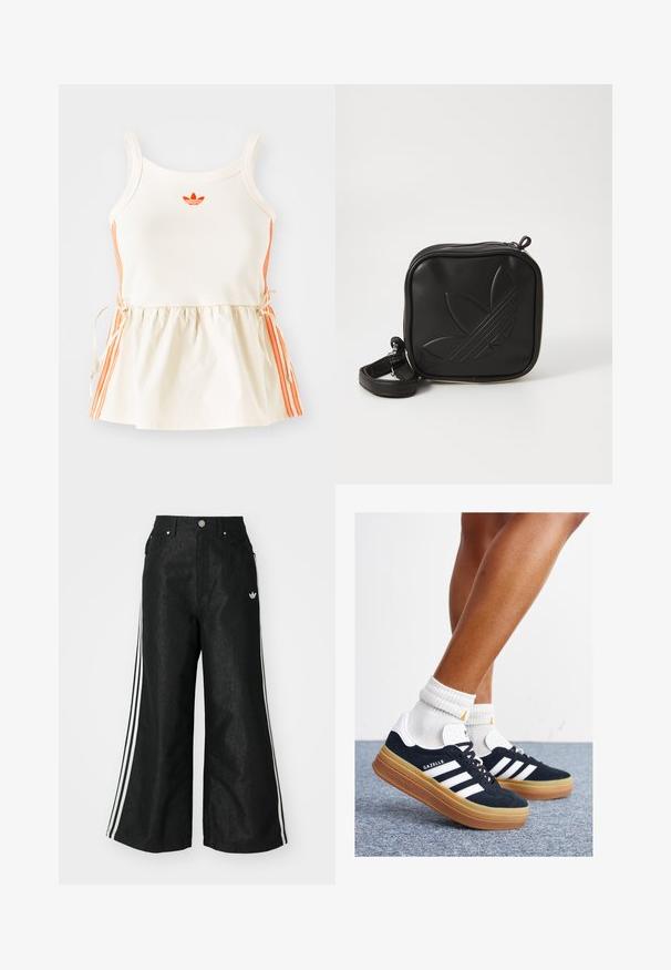 Kremasti top bez rukava s narančastim bočnim prugama i izvezenim logotipom. Ima podesivu vezicu u struku i tijelo koje se oblikuje.; Crne široke traper hlače s tri bijele pruge sa svake strane i malim bijelim logom. Ima prednje džepove i preklop s gumbom.; Crne tenisice od brušene kože s bijelim prugama i detaljima, okruglim vrhom, gumeni potplat boje gume, uparene s bijelim rebrastim čarapama.; Crna kvadratna torbica preko tijela napravljena od teksturiranog sintetičkog materijala. Ima urezani dizajn logotipa i podesivu traku. Zatvaranje na patentni zatvarač.