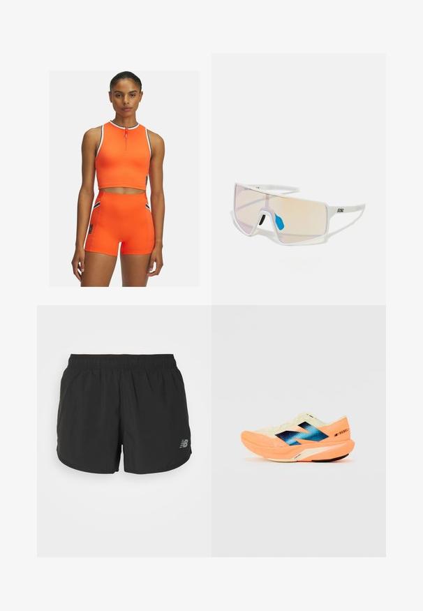 Jasnopomarańczowy zestaw odzieży sportowej składa się z bezrękawnikowego topu na zamek błyskawiczny i wysokich szortów, zaakcentowanych czarno-białymi paskami.; Czarne sportowe spodenki z elastycznym pasem, wykonane z lekkiego materiału. Posiadają małe szare logo na dolnym prawym boku.; Buty biegowe z lekką kremową cholewką, niebieskim logo i pomarańczowymi akcentami na podeszwie. Siatkowa tekstura dla lepszej wentylacji.; Białe okulary przeciwsłoneczne w dużej oprawie, z gradientowymi soczewkami w odcieniu różowym do jasnopomarańczowym, podkreślonymi niebieskim noskiem i detalem z logo.