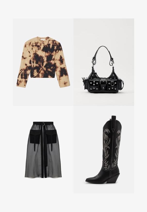 Cămașă cu mâneci lungi, în nuanțe de bej și negru, cu un design tie-dye tăiat, având un detaliu frontal răsucit cu accesorii decorative. Material din bumbac moale.; Fustă neagră transparentă cu un talie plisată, având două buzunare mari în față, un cordon pentru talie și un accent metalic circular.; Bocanci de cowboy din piele neagră, cu vârfuri ascuțite, toc wedge și modele florale brodate cu fir argintiu de-a lungul tijei. Cusături în contrast pe întreaga suprafață.; Geantă de piele neagră cu un design curbat, dotată cu studuri argintii, o cataramă și două buzunare laterale. Curea ajustabilă pentru opțiuni de transport.