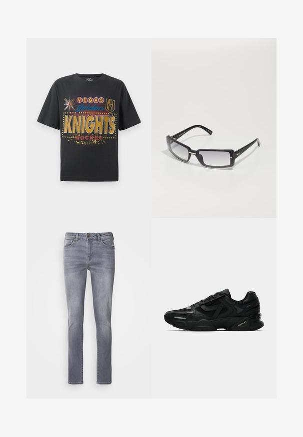 T-shirt preta de algodão com o estampado "Vegas Golden Knights Hockey" em cores dourada, azul e vermelha, com ícones de estrela e escudo e acentos pontilhados.; Jeans em denim cinza claro com corte reto, apresentando cinco bolsos, fecho de botão de latão e desvanecimento discreto nas pernas.; Ténis atléticos pretos com parte superior texturizada, detalhes refletivos e solas almofadadas. Apresenta atacadores e o logo da marca na lateral.; Óculos de sol retangulares pretos com lentes em degradê, apresentando uma armação grossa e detalhes em metal nas hastes. Textura suave em toda a peça.