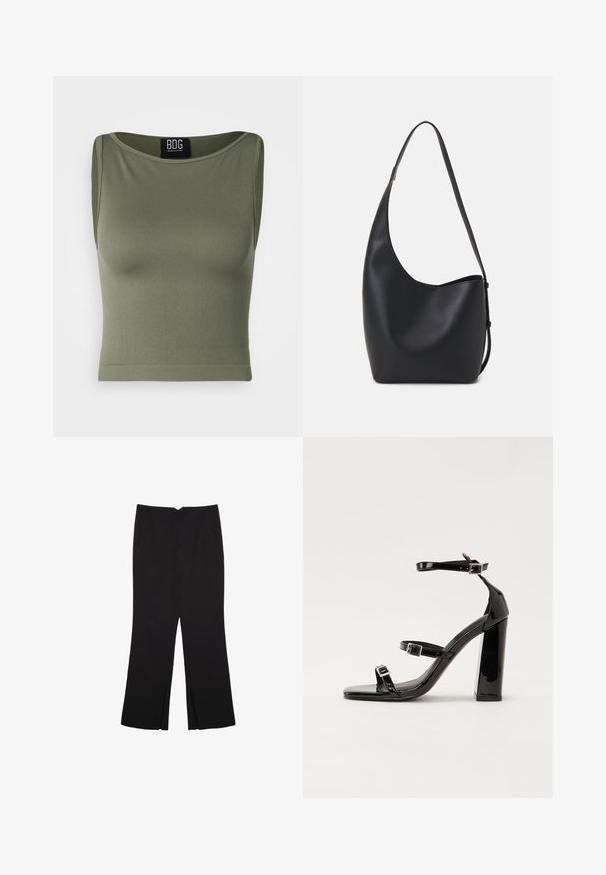 BDG Urban Outfitters SLASH NECK TANK - Top - deep lichen green; Črne hlače ravnega kroja z naglavnimi žepi in stranskimi razporki na robu. Narejene iz mehke, gladke tkanine. Primerne za različne priložnosti.; Črne lakirane sandale s peto, kvadratnim prstom, trakovi okrog gležnja in srebrnimi zaponkami. Opremljene so s stabilno Debelo peto.; Črna usnjena hobo torba z gladko teksturo, ukrivljeno obliko in eno nastavljivo naramnico; ima širok odprtina na vrhu.