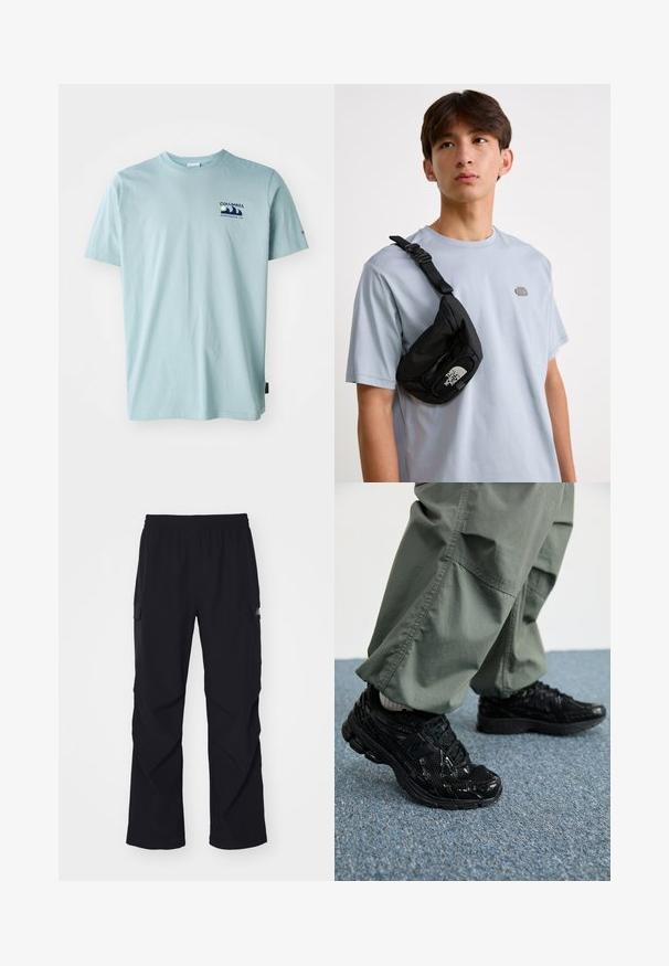 Columbia EXPLORERS CANYON BACK TEE - Marškinėliai su spaudiniu - crushed blue; Juodos krovinių kelnės, pagamintos iš lengvo audinio, su elastinga juostos dalimi, šoninėmis kišenėmis ir tiesių kojų dizainu.; Juodi sportiniai bateliai su blizgiu ir tinkliniu tekstūromis, turintys storą pado ir raištus, derinami su laisvomis alyvuogių spalvos kargo kelnėmis.; Juodas nailoninis per petį dėklas su reguliuojamu dirželiu, išryškintu baltu logotipu. Nešiojamas ant šviesiai mėlynos marškinėlių. Paprastas, funkcionalus dizainas.