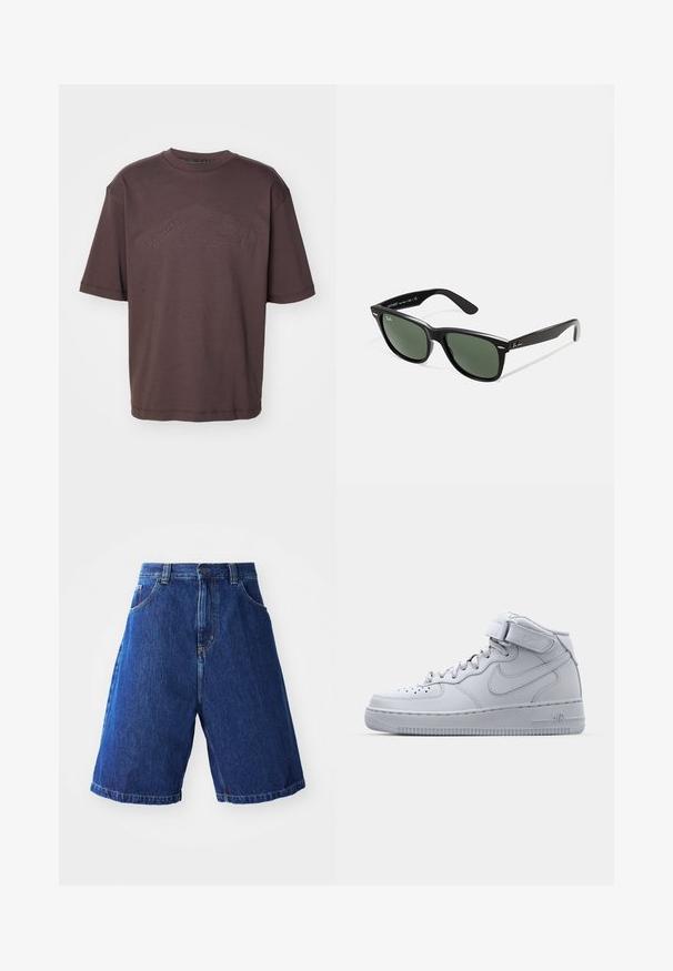 Dark brown cotton t-shirt featuring a crew neckline and short sleeves. Embossed "DSQUARED2 ICON" logo across the front. Loose fit.; Denim shorts with a blue wash, featuring a high waist, two front pockets, and yellow stitching along the seams.; High-top gray Nike Air Force 1 sneakers with leather upper, padded collar, and a Velcro strap. Iconic design features perforated toe box.; Black plastic sunglasses with green lenses, square frames, silver accent on the brow, and textured temple arms. Stated brand on inner arm.