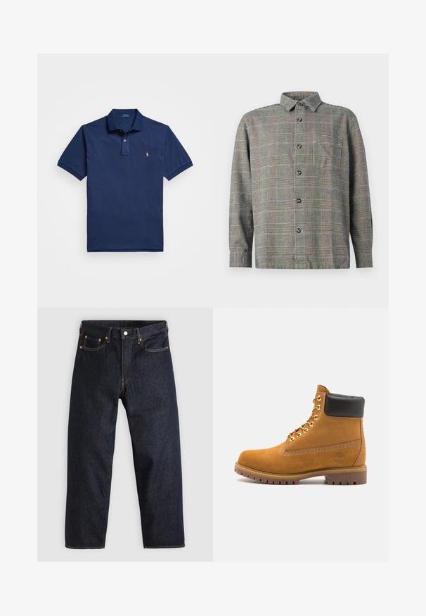 Tamsiai mėlynas polo marškinėliai, pagaminti iš medvilnės, turintys dviejų mygtukų apykaklę, trumpas rankoves ir mažą išsiuvinėtą logotipą kairiajame krūtinės stalčiuje.; Ilgomis rankovėmis marškiniai su apykakle, bežės ir juodų langelių raštu, su priekinėmis krūtinės kišenėmis ant vientiso fono.; Tamsiai mėlynos džinsinės kelnės su tiesiu kirpimu, penkiomis kišenėmis, kontrastingomis oranžinėmis siūlėmis ir mygtukų užtrauktuku. Nėra matomų raštų ar papuošimų.; Tan spalvą turintys suknelės batus iki kulkšnies su juodu paminkštintu apvadu, auksiniais metaliniais akių užsegimais, baltais siūlų dekoratyviniais elementais ir tvirtu guminiu padu su ryškiai išreikštais raštais.