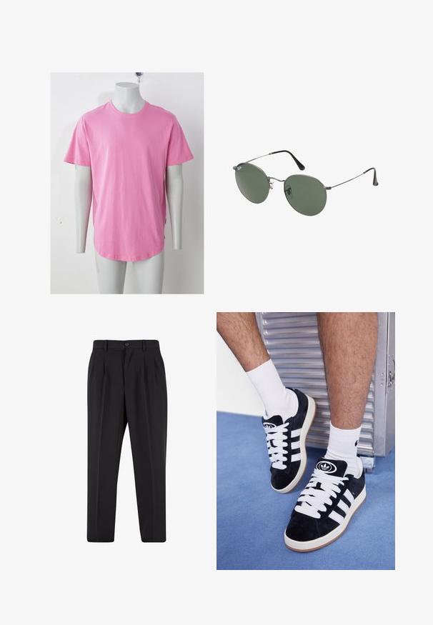 Růžové bavlněné tričko s krátkým rukávem, kulatým výstřihem, hladkou texturou a zaobleným lemem. Na boku je štítek.; Černé kalhoty s plisovaným předním designem, vyrobené z hladké tkaniny. Obsahují zapínání na knoflík a poutka na opasek; rovný střih.; Černé semišové tenisky s bílými tkaničkami a třemi bílými pruhy. Mají kulatou černou logo na jazyku a gumovou podrážku.; Sluneční brýle s kovovým rámem a oválnými zelenými skly. Tenký stříbrný kovový rám a černé chrániče uší. Minimalistický design, žádné viditelné logo.