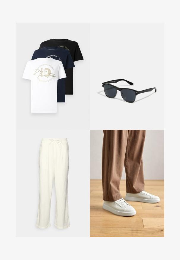 Trii majice s okruglim izrezom u bijeloj, mornarsko plavoj i crnoj boji, od pamuka, s zlatnim grafičkim logotipom na bijeloj majici i tekstom u kružnom dizajnu.; Linen hlače v svetlo bež barvi z elastičnim pasom, nekoliko širokimi hlačnicami in zavitimi manšetami za sproščen kroj. Brez žepov.; Oseba v belih strukturiranih nizkih supergah in ohlapnih rjavih hlačah stoji na svetlem lesu.; Črne sončne naočare pravokotne oblike, temna leča, srebrni detajli na ušesih in mat površina na okvirju.