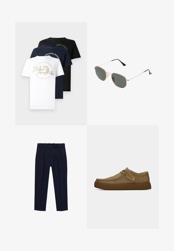 Drei Rundhalsausschnitt-T-Shirts aus Baumwolle in Weiß, Marineblau und Schwarz, mit einem goldenen Grafiklogo auf dem weißen Shirt und Text in einem kreisförmigen Design.; Marineblaue Hose aus glatt gewebtem Stoff, mit einem leicht taillierten Schnitt, Vorderfalten, Gürtelschlaufen und einem Einzelknopfverschluss.; Hellbraune Wildlederschuhe mit runder Zehenpartie, genähten Details und einer gerippten braunen Gummisohle. Mit einem Seitenschild mit dem "Clarks"-Logo.; Goldfarbene Metallrahmen-Sonnenbrillen mit dunkelgrünen Gläsern im Pilotenstil, mit schlanken Bügeln und Schildpatt-Akzenten an den Spitzen.