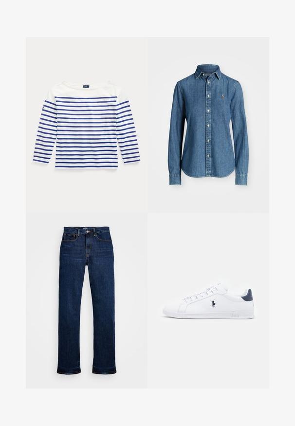 Long-sleeve top in white cotton with horizontal blue stripes. Features a boat neckline and a small logo tag on the left sleeve.; Denim shirt in medium blue, long sleeves, button-down collar, and logo accent on the chest. Features a curved hem and standard fit.; Dark blue denim jeans with a straight-leg cut, featuring five pockets, copper stitching, and a classic button closure.; White leather sneakers with a smooth finish, navy accents, and a small logo on the side. Features flat laces and textured rubber sole.