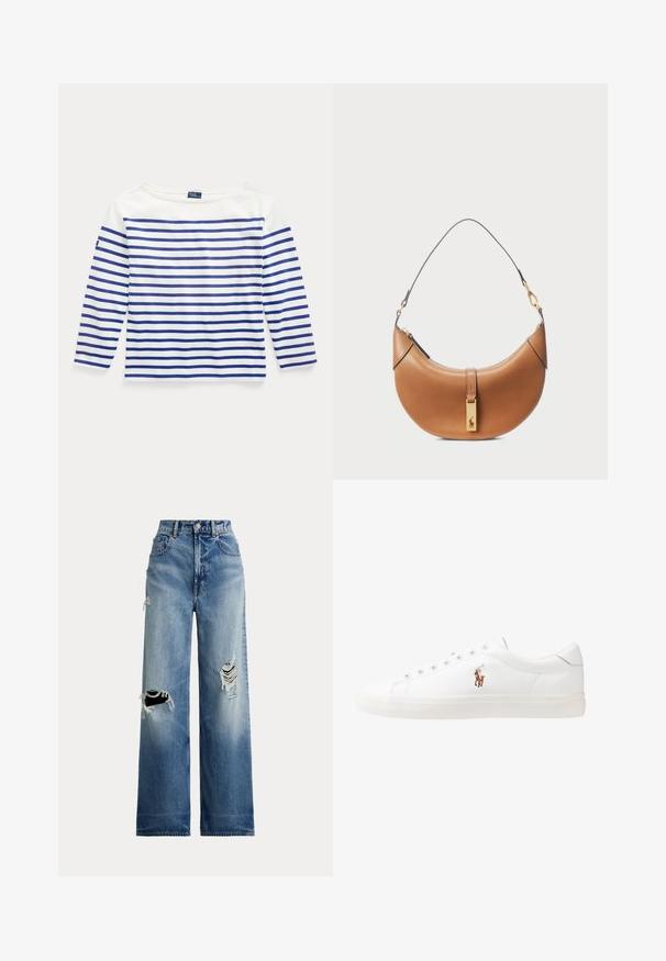 Långärmad topp i vit bomull med horisontella blå ränder. Har en båt-urringning och en liten logotypetikett på vänster ärm.; Blå jeans i vid byxmodell med slitna revor vid knäna, med hög midja, knappstängning och klassisk femficksdesign.; Vita lädersneakers, låg design, med en slät yta, rund tå, snörning fram och en liten broderad logotyp på sidan.; Brun läderhandväska med en böjd form, guldfärgad hårdvara och ett tunt axelband. Har dragkedjestängning och logotypdetalj framtill.