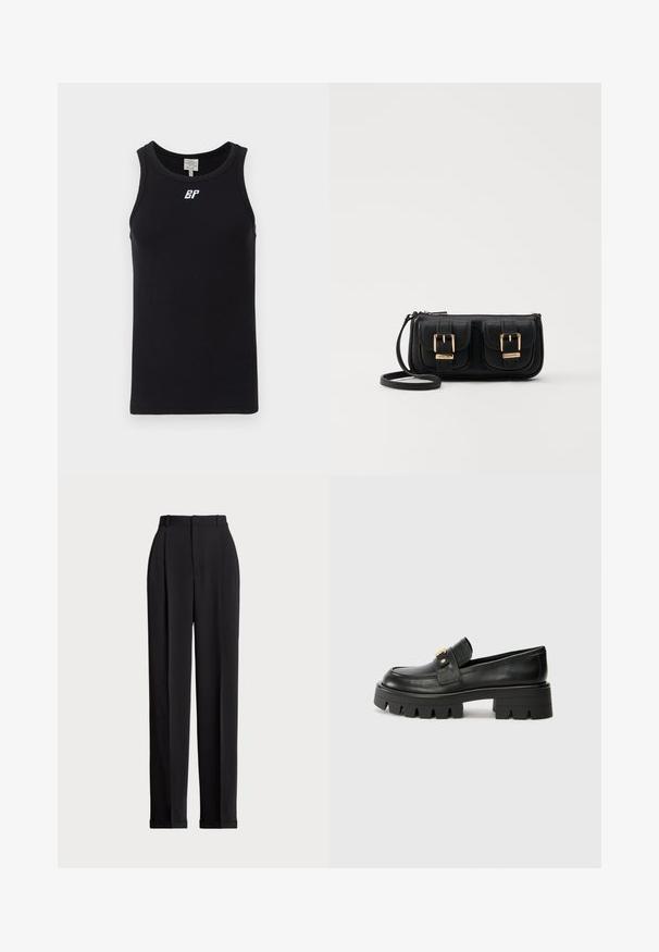 Fekete ujjatlan tank top bordás anyagból, kerek nyakkivágással és fehér logóval a mellrészen. Egyszerű, mintás design nélkül.; Fekete, testre szabott nadrág magas derékkal, elöl redőkkel, egyenes láblineáris kialakítással és halkézével. Sima anyagból készült.; Fekete bőr loaferek masszív talppal, elöl arany színű díszítéssel és sima felülettel. A talpon vastag mintázat található.; Fekete bőr keresztbody táska két elülső zsebbel, arany csattokkal, cipzáras záródással és vékony pánttal. Textúrált felület és kompakt téglalap alak.