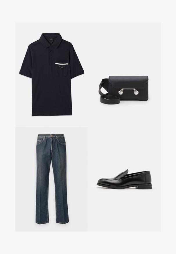 Mornarsko polo majica iz bombaža, z dvema gumboma, kratkimi rokavi in žepom z belimi črtami.; Temno modri traper hlače ravnega kroja z gumbom spredaj, zadrgo, dvojnimi sprednjimi žepi in vidnimi navpičnimi gubami po nogah.; Črne usnjene loafer čevlje z gladko teksturo, zaobljenim nosom in dekorativnim trakom čez zgornji del. Nizka zložena peta, minimalističen dizajn.; Črna usnjena torbica za čez ramo z zapiranjem na preklop, srebrnimi dodatki in dvema okroglima okrasoma. Ima snemljiv trak. Gladka tekstura.