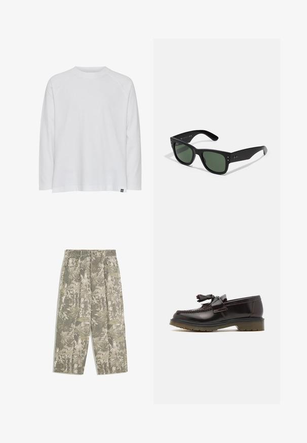 Biała, długorękawowa koszulka z okrągłym dekoltem, luźnym krojem i rękawami raglanowymi. Wykonana z miękkiej bawełnianej tkaniny; posiada małą metkę z logo marki.; Spodnie cargo z szerokimi nogawkami w zielono-beżowym kamuflażu z wzorem liści i kory, z przednimi kieszeniami i szlufkami na pasek.; Brązowe skórzane loafersy o plecionym wzorze, z chwostem i płaską gumową podeszwą. Charakteryzują się gładkim wykończeniem i kontrastowym ściegem.; Czarne prostokątne okulary przeciwsłoneczne z zielonymi soczewkami, matowe wykończenie, subtelne akcenty metalowe i wytłoczone logo na zauszniku.