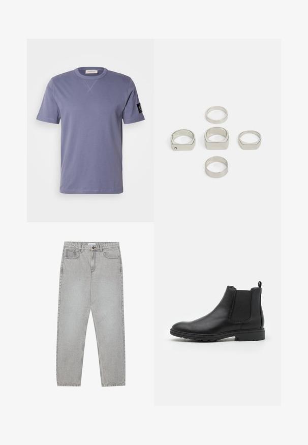 T-shirt a maniche corte e colletto tondo in cotone lavanda, con una piccola patch con logo nera sulla manica sinistra e cuciture a contrasto.; Pantaloni in denim grigio chiaro con design a gamba dritta, stile a cinque tasche e chiusura con bottone. Cuciture visibili lungo le cuciture.; Stivale Chelsea in pelle nera con pannelli laterali elasticizzati e un ciondolo sul tallone, caratterizzato da una punta arrotondata e una suola in gomma testurizzata.; Set di sei anelli metallici argento in varie forme, tra cui rotondi e quadrati, caratterizzati da superfici lisce e un design minimalista.