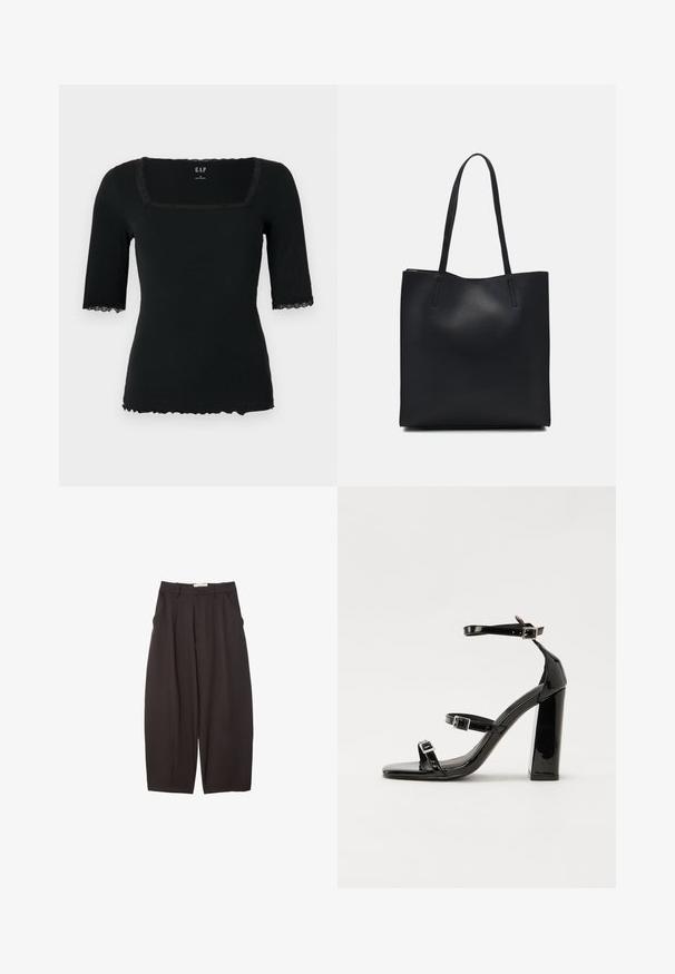 Čierne rebrované krátke rukávy s hranatým výstrihom, zdobené čipkovanou lemovkou na golieri a rukávoch, so zvlneným lemom.; Čierne široké nohavice vyrobené z hladkej tkaniny, s vysokým pásom, prednými skladmi a bočnými vreckami. Jednoduchý dizajn bez ozdôb.; Čierne lakované sandále na podpätku so štvorcovou špičkou, navlečenými remienkami okolo členku a striebornými prackami. Disponujú masívnym blokovým podpätkom pre stabilitu.; Čierna kožená taška na rameno s hladkým povrchom, obdĺžnikovým tvarom a dvoma dlhými uchami. Bez viditeľného kovania alebo ozdôb.