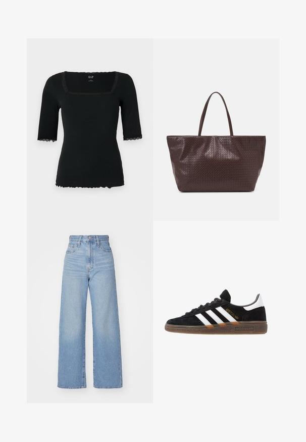 Mustast ribakudumist lühikeste varrukatega top ruudukujulise kaelusega, millel on krae ja varrukate pitsääris ning laineline allääre.; Heledad sinine kõrge vöökohaga laiad teksad, ees nupp ja tõmblukk, ees ja taga taskud, valge tausta peal.; Mustad must Adidas'i sneaker valgete triipudega, kuldse "Spezial" tekstiga, kummi tallaga ja valge kontsaga, kujutatud külgvaates.; Pruun punutud nahast kott kahe käepideme ja struktureeritud kuju ning tekstureeritud pinnaga, millel on kogu ulatuses rombikujuline muster.