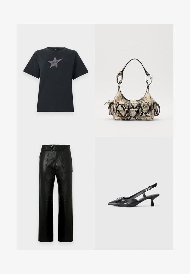 Camiseta negra de manga corta hecha de algodón, con un gráfico de una estrella plateada y el texto "TE ATREVES" en el centro.; Pantalones de cuero negros de cintura alta con piernas anchas, grandes bolsillos frontales y un cinturón a juego con hebilla de doble anillo.; Zapato de slingback negro de piel con punta afilada, correas decorativas con ojales de metal y un tacón bajo y ancho. Superficie texturizada.; Bolso de mano de Python en beige y negro, con una forma estructurada, detalle de hebilla y dobles asas. Superficie texturizada.