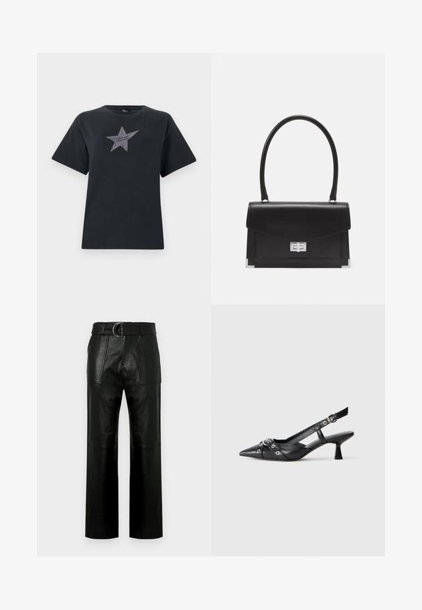 Juodas trumpomis rankovėmis marškinėliai, pagaminti iš medvilnės, su sidabro žvaigždės grafika ir tekstu "AŠ IŠDRĮSTU" per vidurį.; Aukštos juosmens juodos odinės kelnės su plačiomis kojomis, dideliais priekiniais kišenėmis ir atitinkamu diržu su dvigubu žiedu.; Juodas odinis slingback tipo batai su smailiu priekiniu atvartu, dekoratyvinėmis sagtimis su metaliniais akyčiais ir žemu blokiniu kulnu. Saldus paviršius.; Juodas odinis rankinės modelis su struktūrizuota forma, viršutine rankena ir sidabriniu užsegimu. Pabrėžia kampų akcentus ir lygų paviršių.