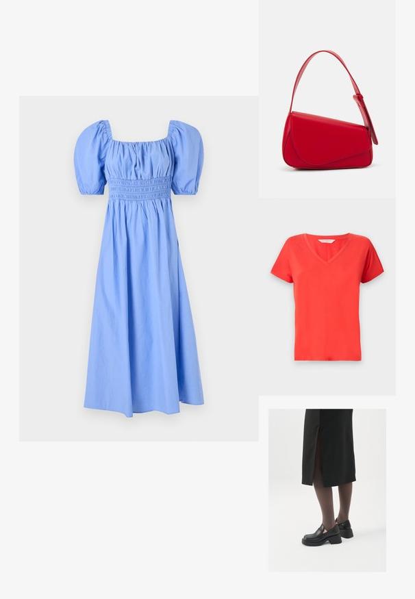 Red V-neck t-shirt with short sleeves, made from smooth fabric. Features a classic fit and clean edges, suitable for casual wear.; Blue cotton dress featuring a square neckline, puff sleeves, and smocked bodice, flowing to a knee-length skirt with a smooth texture.; Black leather shoes with a rounded toe, thick block heel, and elastic side accents, paired with dark tights and a black skirt with a slit.; Red leather handbag with an angular, geometric design. Features a single adjustable strap and a flap closure with stitched detailing.