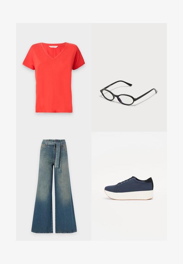Red V-neck t-shirt with short sleeves, made from smooth fabric. Features a classic fit and clean edges, suitable for casual wear.; Wide-leg denim trousers featuring a light to dark blue gradient, high waist, belt loops, and a matching fabric belt. Textured denim finish.; Navy blue sneaker with a textured fabric upper, white platform sole, rounded toe, and black heel accent. Features six eyelets for laces.; Black oval-frame glasses with translucent purple accents on the lenses. Frames have a matte finish and slender, straight temples.