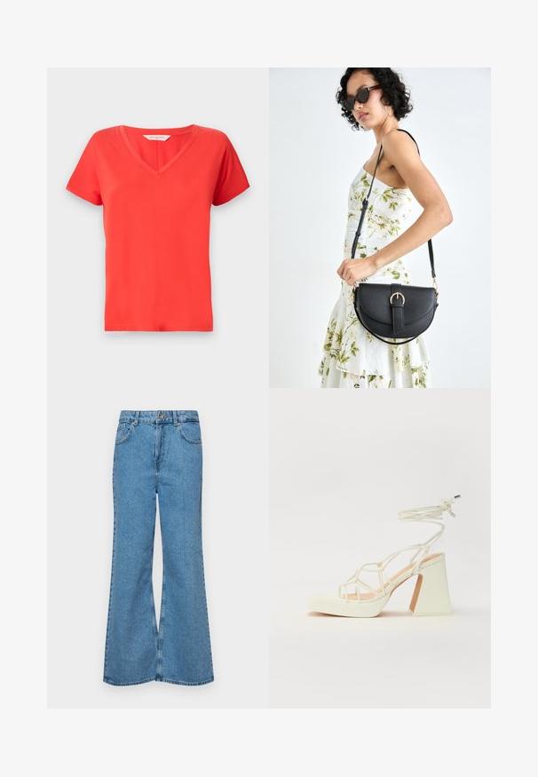 Raudonas V-formos apykaklės marškinėliai su trumpomis rankovėmis, pagaminti iš lygaus audinio. Turi klasikę penktą išvaizdą ir švarias briaunas, tinkamus kasdieniam dėvėjimui.; Šviesiai mėlynos flared džinsai, pagaminti iš džinsinio audinio, su aukštu liemeniu, penkiomis kišenėmis ir vienu mygtuko užsegimu. Minkštas paviršius su išblukusiu efektu.; Balti aukštakulniai sandalai su masyviu kulnu, su dirželių dizainu ir kulkšnies raiščiu. Lygi tekstūra su platforma priekyje, suteikianti papildomą aukštį.; Juodas odinis krepšys su išlenkta forma, nuimamu dirželiu ir auksiniais detalėmis. Krepšys turi kilpą su sagtimi.