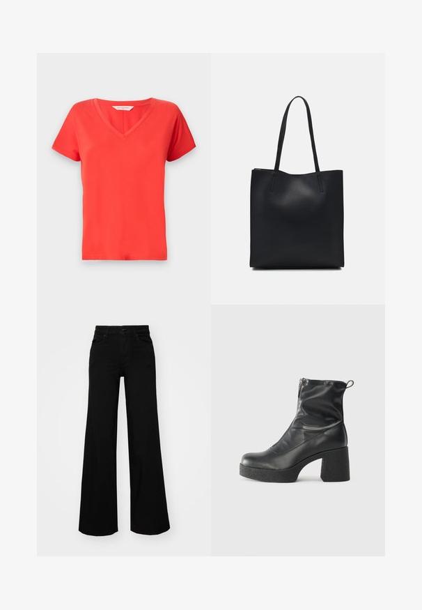 Piros V-nyakú póló, rövid ujjakkal, sima anyagból készült. Klasszikus szabású, letisztult szélekkel, alkalmas hétköznapi viseletre.; Fekete, bő szárú farmernadrág, amelynek állítható derékrésze van, övhurkokkal és elülső zsebekkel. Simaság jellemzi, klasszikus dizájnnal.; Fekete bokacsizmák sima bőrből, oldalsó cipzárral, vastag, texturált sarkú és lekerekített orrú dizájnnal.; Fekete bőrtáska sima felszínnel, téglalap alakú, két hosszú füllel. Nincs látható fémkiegészítő vagy díszítés.
