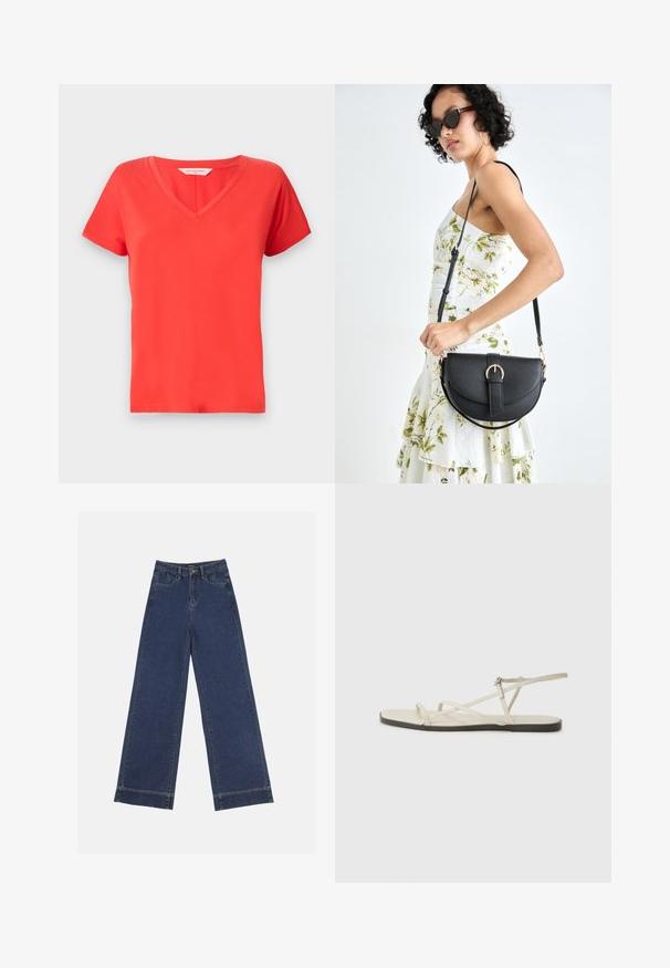 T-shirt rossa a V con maniche corte, realizzata in tessuto liscio. Presenta una vestibilità classica e bordi puliti, ideale per un abbigliamento casual.; Jeans a gamba larga in denim blu scuro. Presentano cinque tasche, passanti per cintura e un orlo grezzo in fondo con dettagli di cucitura visibili.; Sandal in beige piatta con multiple cinghie sottili e una fibbia regolabile. La suola è piatta con un leggero contrasto scuro lungo il bordo.; Borsa a tracolla nera in pelle con una forma curva, manico rimovibile e accessori dorati. La borsa presenta una patta con un dettaglio a fibbia.; Anello doppio in argento con superficie liscia e lucida. Presenta un design fluido e curvo con sezioni sovrapposte per un aspetto moderno.