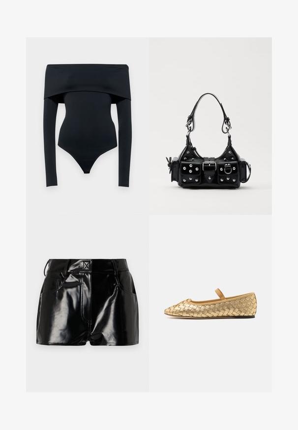 Črna bodi brez naramnic z dolgimi rokavi, izdelan iz gladkega raztegljivega blaga; ima tanga kroj na dnu in minimalne šive.; Črne, sijoče kratke hlače iz sintetičnega materiala. Imajo prilegajoč pas, zanke za pas in sprednje žepe z izrazitimi šivi.; Loeffler Randall LEONIE SOFT BALLET FLAT - Balerinke s paščkom - gold; Črna usnjena torbica s ukrivljenim dizajnom, ki vsebuje srebrne žebljičke, zaponko in dve stranski žepki. Nastavljiv trak za različne možnosti nošenja.