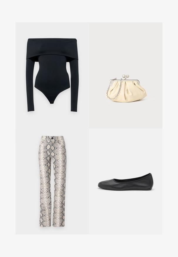 Black off-the-shoulder bodysuit with long sleeves, made of smooth stretch fabric; features a thong cut at the bottom and minimal seams.; Snake-print trousers in a beige and gray color scheme. Straight-leg design with a textured finish and front pockets. Features a button closure.; Black leather ballet flat with a rounded toe, smooth texture, minimal stitching detail, and a flexible sole design.; Pleated beige leather clutch with a silver metal frame, featuring two round decorative clasps and a silver chain strap.