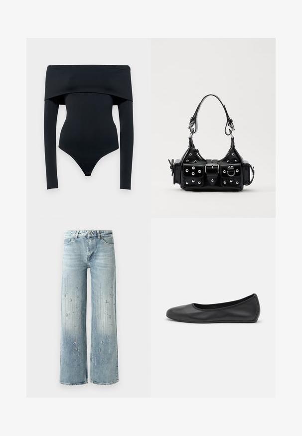 Must have õlgadelt all olev must bodysuit pikade varrukatega, valmistatud siledast venivast kangast; omab allosas stringi lõiget ja minimaalset õmblust.; Heledad helesinine laiade jalgadega teksad, millel on denimist valmistatud, graadiendiga värviefekt ja hõbedaste silmadega ääristused piki suunda.; Musthave mustika tantsutossud mustast nahast, ümmarguse varbaga, siledast tekstuurist, minimaalse õmblusdetailiga ja paindliku tallakujundusega.; Must värvi nahast käekott, millel on kaarjas disain, hõbedased nupukesed, kinnitusahe ja kaks külgtaskut. Reguleeritav rihm erinevate kandmisvõimaluste jaoks.