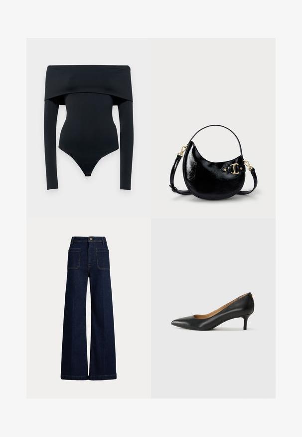 Black off-the-shoulder bodysuit with long sleeves, made of smooth stretch fabric; features a thong cut at the bottom and minimal seams.; Wide-leg dark blue denim jeans with a high waist, five-pocket design, and contrasting stitching. Features a button closure and a structured shape.; Black leather pump with a pointed toe, low heel, and a smooth texture. Features a slight opening at the front and minimal hardware at the back.; Black patent leather handbag with a curved shape, adjustable strap, and gold-tone hardware detail on the side. Smooth, shiny texture.