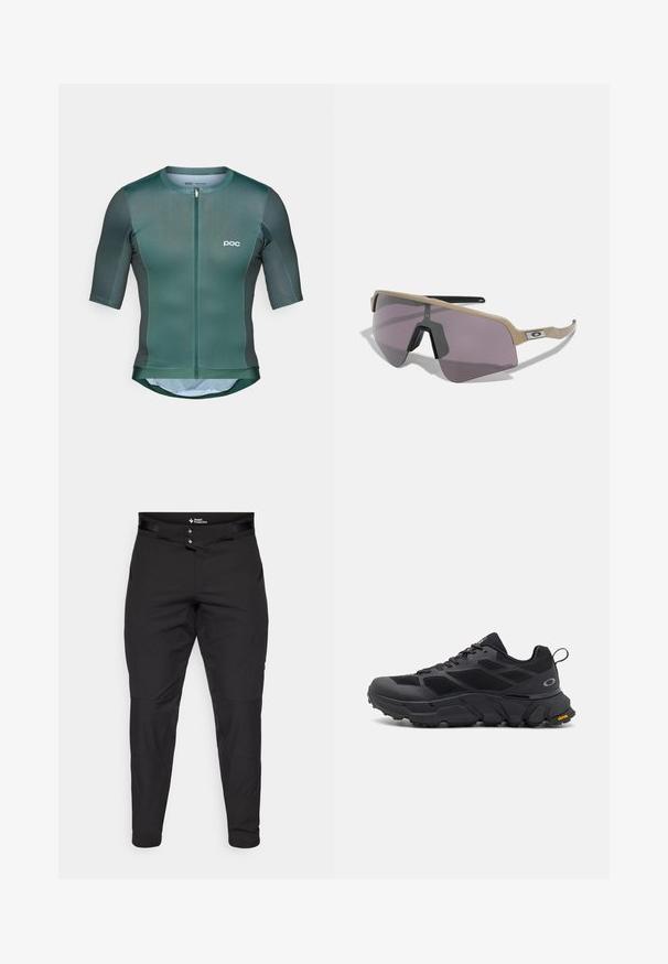 Jersey de ciclismo de manga corta en tejido verde oscuro con una textura suave, cuenta con una cremallera frontal y un logo blanco en el pecho.; Pantalones exteriores negros hechos de material ligero. Presentan un diseño ajustado, dos botones en la cintura y bolsillos frontales. Textura suave.; Zapatos deportivos negros con una suela gruesa, parte superior de malla y sintético, acentos texturizados y marca Vibram en la suela exterior.; Oakley SUTRO LITE SWEEP UNISEX - Gafas de sol - prizm road black