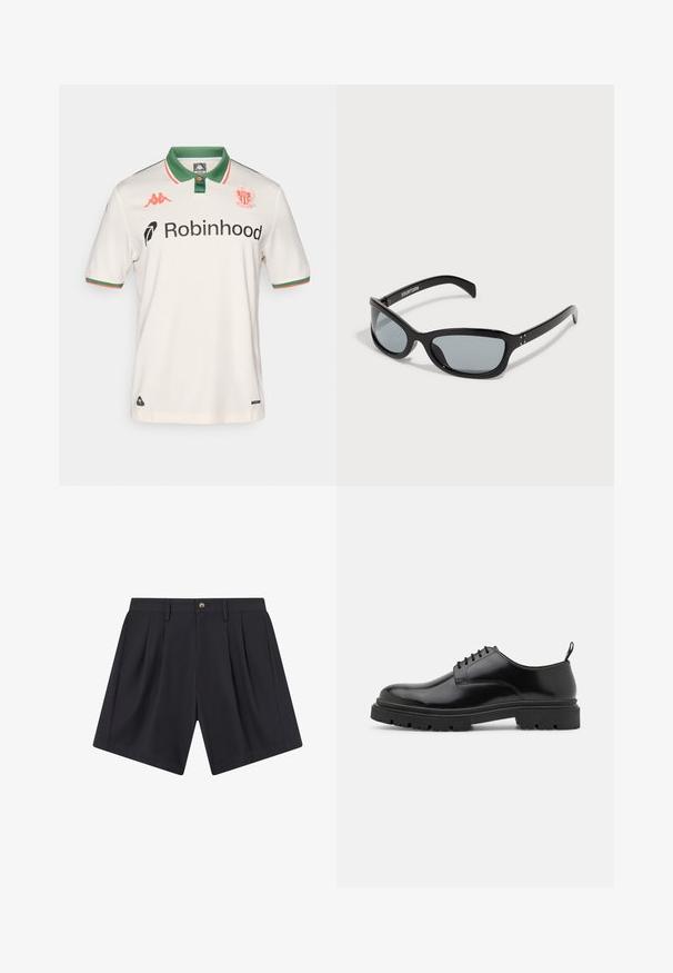 Camisola desportiva branca com detalhes verdes e vermelhos, mangas curtas, gola e logótipos de patrocinadores na parte da frente. Tecido texturizado.; Sacos de marinha em tecido leve, com pregas, fecho de botão e bolsos laterais. Corte straight com uma textura suave.; Sapatos de pele preta com atacadores, bico arredondado, textura suave e sola de borracha estriada. Apresentam um pequeno salto e uma alça na parte de tras.; Óculos de sol pretos com um design elegante e angular. Apresenta lentes cinzas e armações de plástico brilhantes. Inclui pequenos detalhes em metal e marcação no braço.