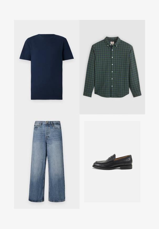 T-shirt de algodão azul marinho com mangas curtas, decote redondo e um ajuste regular. Textura suave, sem padrões ou ferragens visíveis.; Camisa de botão de mangas compridas com padrão quadrado em verde, azul e amarelo, botões brancos e colarinho abotoado.; Calças de ganga azuis de pernas largas com um efeito desbotado, design de cinco bolsos e fecho de botão. Equipadas com passantes para cinto e detalhes cosidos.; Mocassins pretos de pele com um acabamento suave, bico redondo e costura decorativa no a parte superior. Salto baixo e empilhado com um ligeiro brilho.