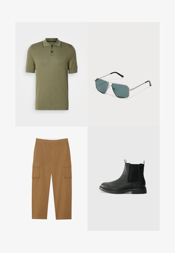 Olive green short-sleeve polo shirt with two black buttons and black trim along the collar edge.; Brown cargo pants with two side pockets, a flat front, and a straight leg cut. Made from a durable fabric with a smooth texture.; Black leather chelsea boots with elastic side panels, pull tabs, rounded toe, and textured rubber sole. Smooth surface and sturdy design.; Metal-frame sunglasses with hexagonal lenses, dark green tint, silver accents, and black temple arms. Textured details on frame.