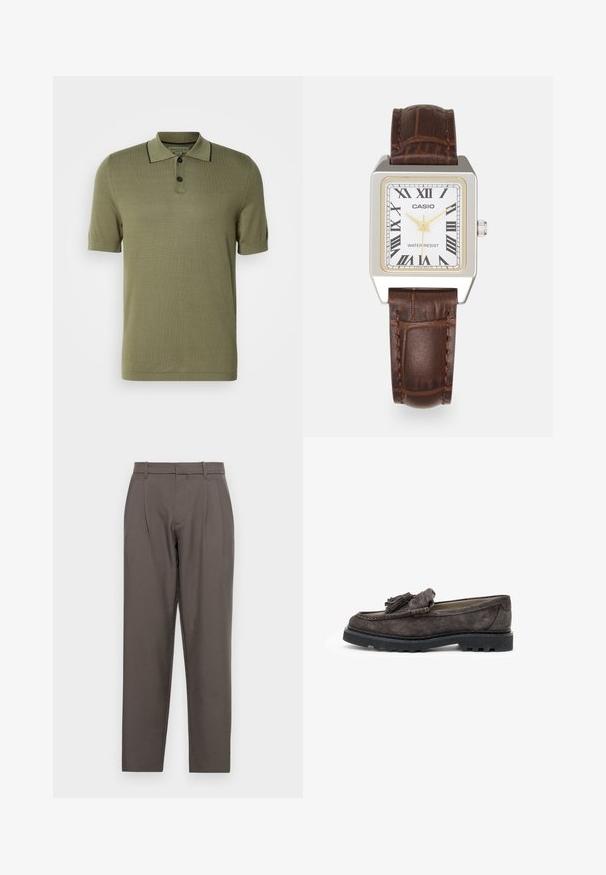 Olivgrünes Poloshirt mit kurzen Ärmeln, zwei schwarzen Knöpfen und einem schwarzen Rand entlang des Kragenrands.; Jack & Jones JPSTBILL JJDAYTONA WIDE - Stoffhose - pavement; Dunkelgraue Wildlederslipper mit einem Quastenelement an der Vorderseite, flacher Gummisohle und kontrastierenden Nähten entlang der Kante.; Rechteckige Casio-Uhr mit weißem Zifferblatt, goldenen Akzenten, römischen Ziffern und einem braunen Lederarmband im Krokodil-Muster. Wasserdichtes Design.; Silberne Creolen mit großen, runden, weißen Perlen. Das Design bietet eine glatte Textur und einen sicheren Verschluss zur Befestigung.
