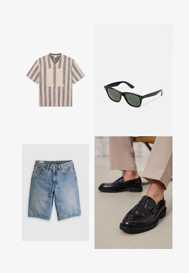 Korte mouwen, V-hals shirt in crèmekleurige en grijze strepen. Heeft het nummer "11" in een geprofileerde stof op de voorkant. Zacht materiaal en een relaxte pasvorm.; Leren denim shorts in lichtblauw met een klassieke snit. Bevat vijf zakken, oranje stikselaccenten en ruwe zoomranden.; Zwarte leren loafers met een gladde afwerking, voorzien van een decoratieve band en contrasterende stiksels, gecombineerd met beige broeken.; Zwarte plastic zonnebril met groene lenzen, vierkante montuur, zilveren accent op de wenkbrauw en een gestructureerde tempel. Merken vermeld op de binnenkant van de arm.
