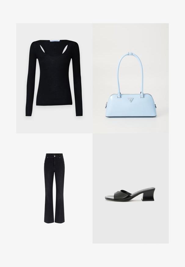 Mustasta pitkähihaisesta paidasta, jossa on ribbitekstuuri, pyöreä kaula-aukko ja avonaiset yksityiskohdat olkapäissä. Paita on valmistettu pehmeästä kankaasta.; Mustat farkut, joissa on leveät lahkeet, korkea vyötärö, viisi taskua ja metalliset napit sivuilla. Sileä pinta ja klassinen istuvuus.; Musta korkokenkä, jossa on kiiltävä pinta, avonainen varvas ja leveä hihna. Loivasti muotoiltu tukikorko lisää vakautta. Hopeinen yksityiskohta.; Vaaleansininen käsilaukku, joka on muotoiltu jämäkästi, valmistettu sileästä nahasta, varustettu kahdella kahvalla ja edessä kolmiomainen brändilogo. Vetoketjukiinnitys.