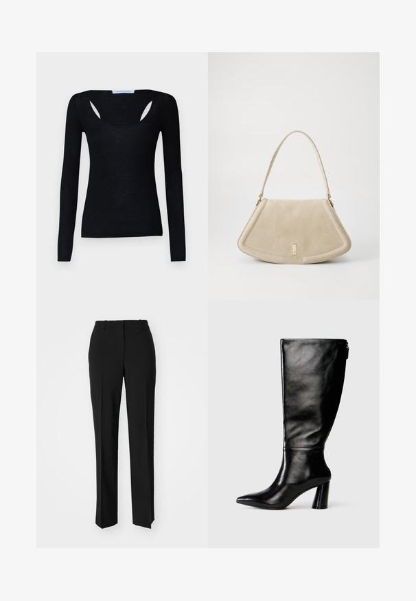 Black long-sleeve top with a ribbed texture, featuring a scoop neckline and cut-out details on the shoulders, made from a soft fabric.; Black tailored trousers with a straight-leg design, featuring a smooth texture and crisp creases along the front. No visible hardware.; Knee-high black leather boot with a pointed toe, smooth texture, and a chunky heel. Features a zipper detail at the back.; Beige suede handbag with a rounded triangular shape, a single strap, and a gold-tone hardware accent on the front.